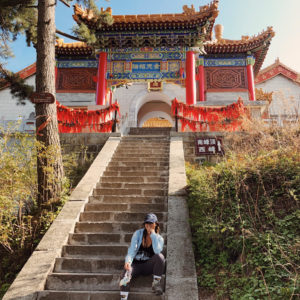 person posing on staircase to large temple